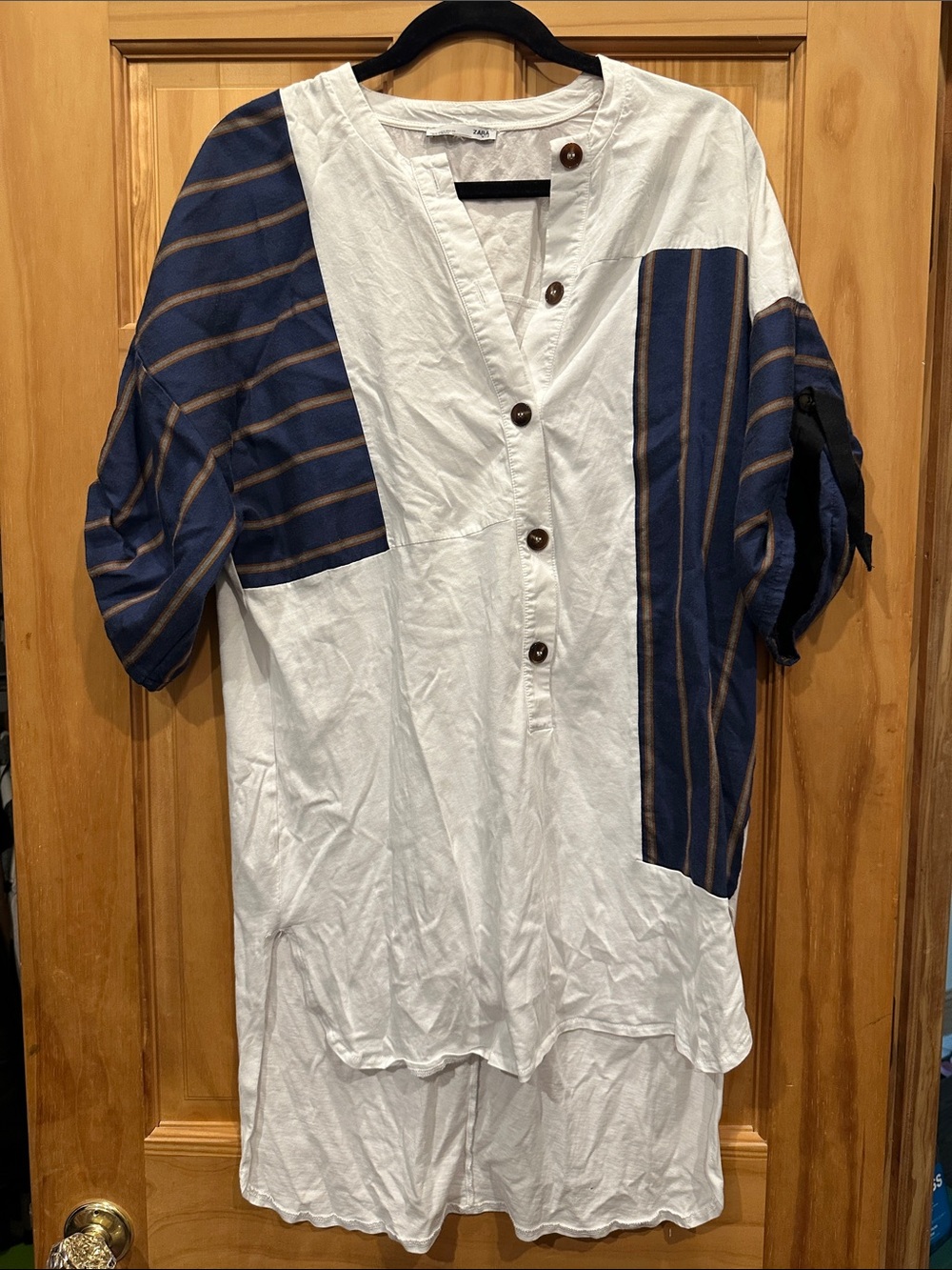 Zara White Shirt with Navy and Brown Stripe Panels
